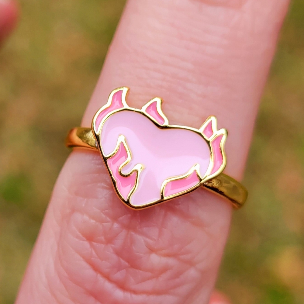 Heart on Fire Burning Love Pink Heart Flame Ring Size 7